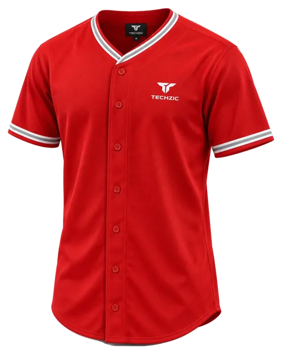 TECHZIC Full Button Baseball Jersey — Red