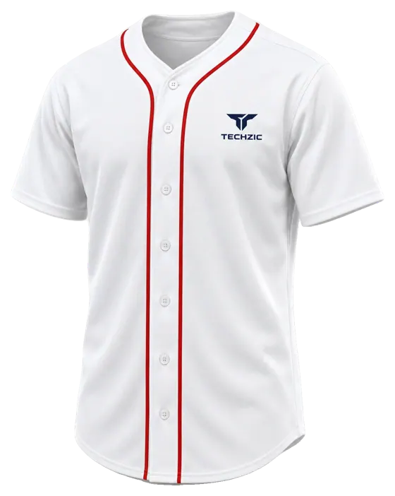 TECHZIC Full Button Baseball Jersey — Red in White / Red