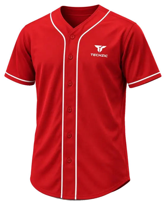 TECHZIC Full Button Baseball Jersey — Red in Red / White