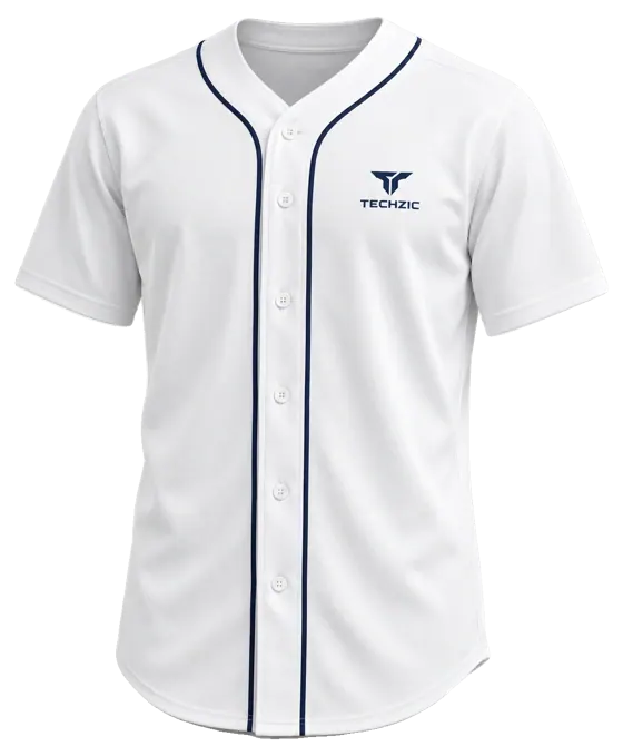TECHZIC Full Button Baseball Jersey — Red in White / Navy