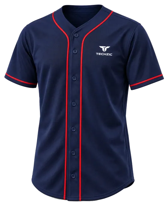TECHZIC Full Button Baseball Jersey — Red in Navy / Red