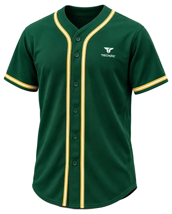 TECHZIC Full Button Baseball Jersey — Red in Dark Green / Gold / White