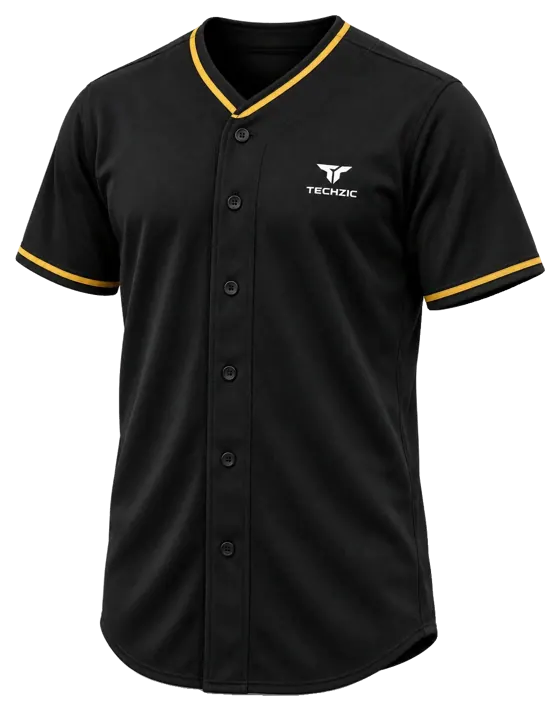 TECHZIC Full Button Baseball Jersey — Red in Black / Gold