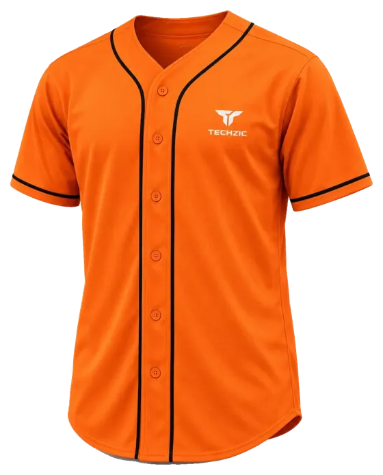 TECHZIC Full Button Baseball Jersey — Red in Orange / Black