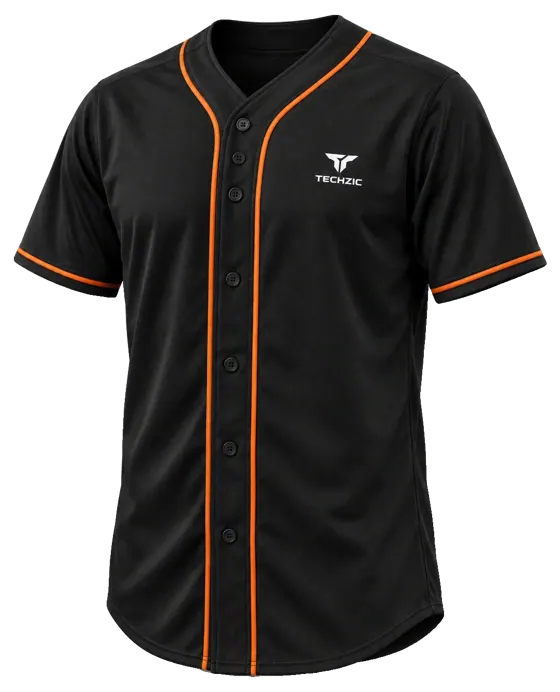 TECHZIC Full Button Baseball Jersey — Red in Black / Orange