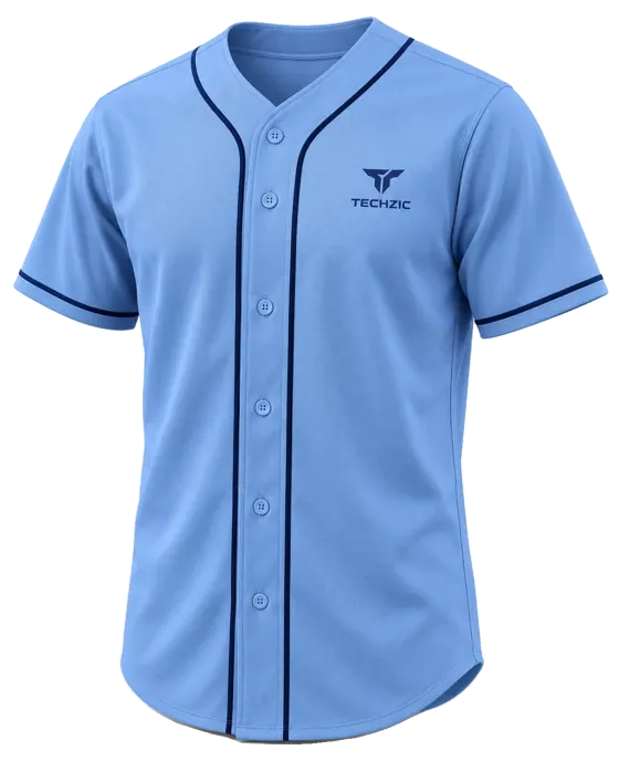 TECHZIC Full Button Baseball Jersey — Red in Sky / Navy