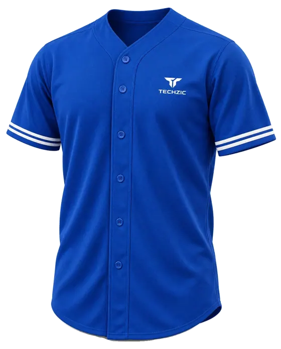TECHZIC Full Button Baseball Jersey — Red in Royal / White