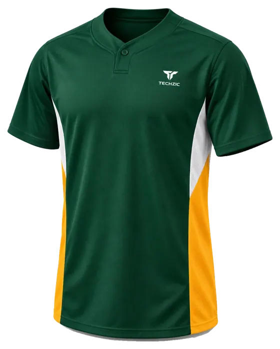 TECHZIC One-Button Panel Baseball Jersey in Dark Green / Gold / White