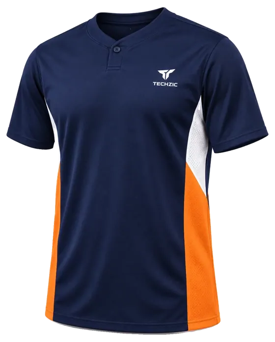TECHZIC One-Button Panel Baseball Jersey in Navy / Orange / White