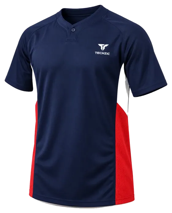 TECHZIC One-Button Panel Baseball Jersey in Navy / Red / White
