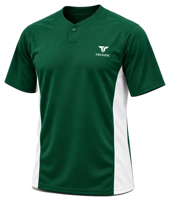 TECHZIC One-Button Side-Panel Baseball Jersey in Dark Green / White