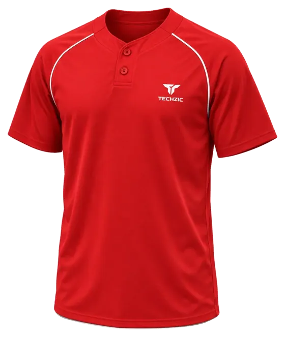 TECHZIC Two-Button Piped Baseball Jersey in Red / White