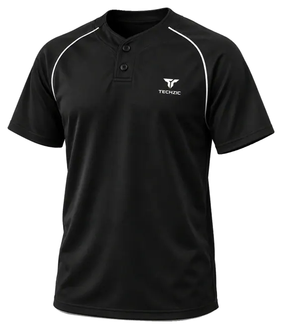 TECHZIC Two-Button Piped Baseball Jersey in Black / White