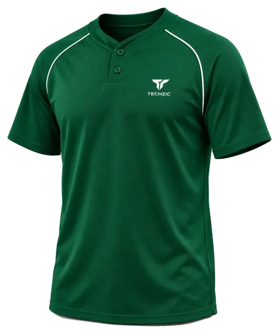 TECHZIC Two-Button Piped Baseball Jersey in Dark Green / White