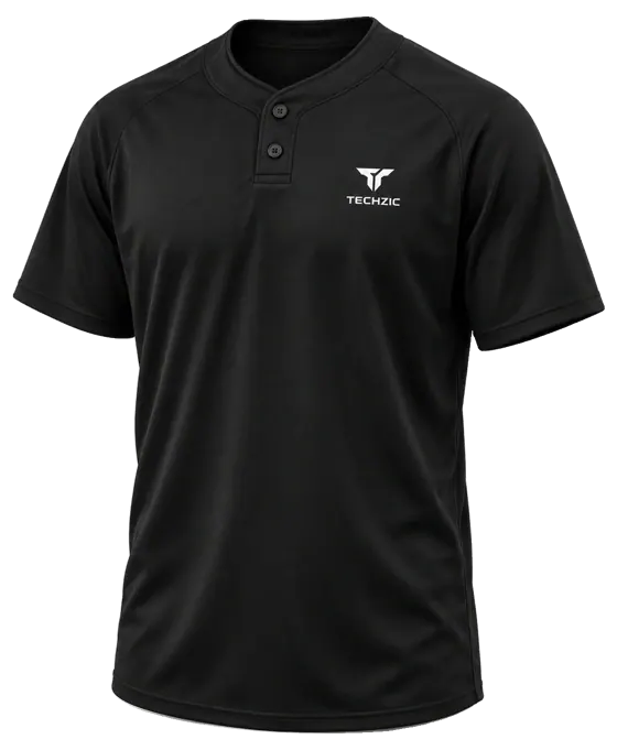 TECHZIC Two-Button Solid Baseball Jersey in Black