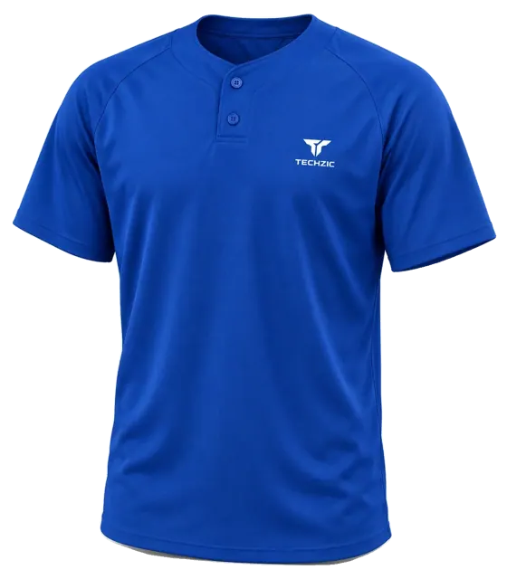 TECHZIC Two-Button Solid Baseball Jersey in Royal