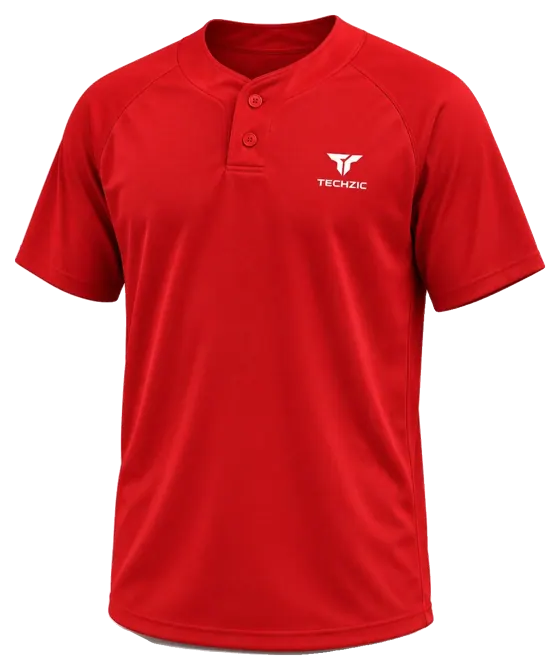 TECHZIC Two-Button Solid Baseball Jersey in Red