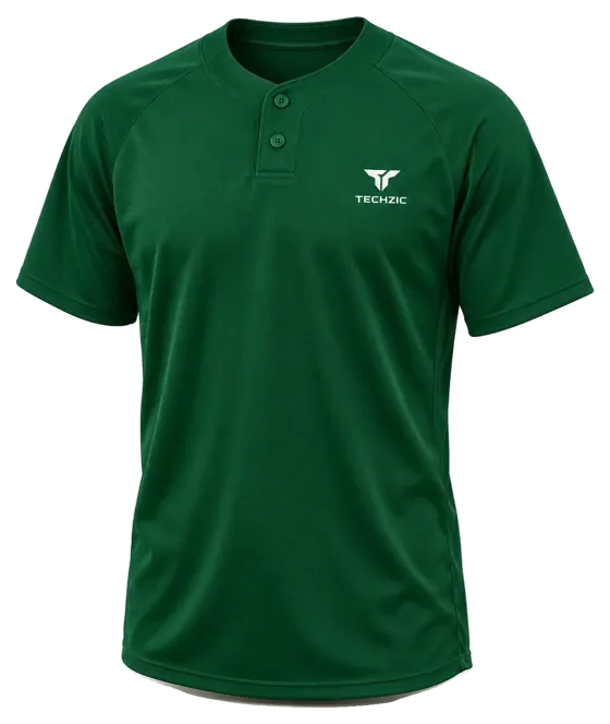 TECHZIC Two-Button Solid Baseball Jersey in Dark Green