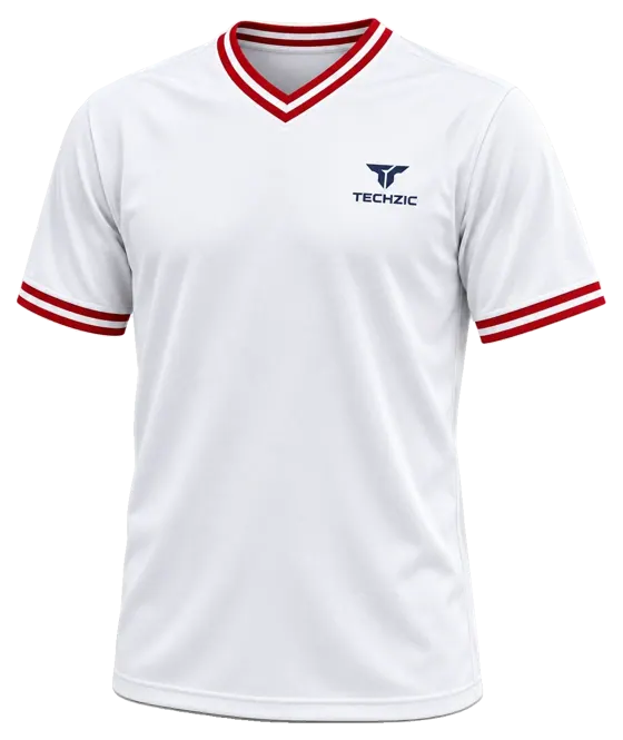 TECHZIC Striped V-Neck Team Jersey in White / Red / White