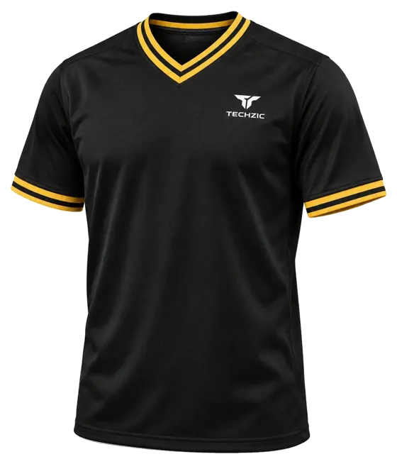 TECHZIC Striped V-Neck Team Jersey in Black / Gold / Black