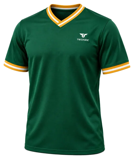 TECHZIC Striped V-Neck Team Jersey in Dark Green / Gold / White