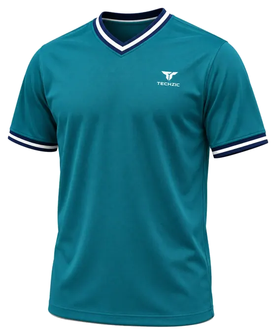 TECHZIC Striped V-Neck Team Jersey in Pacific Teal / Navy / White