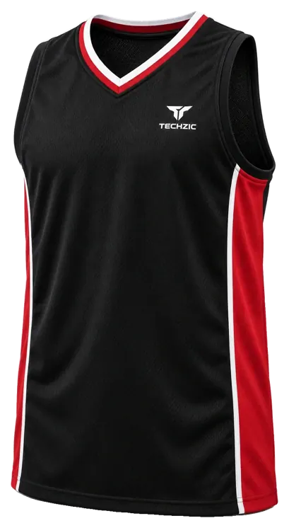 TECHZIC Pro Wrap-Neck Panel Basketball Jersey - Black / Red / White
