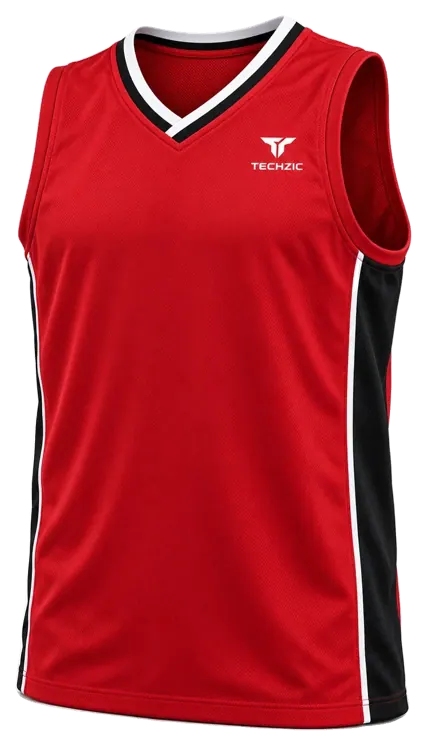 TECHZIC Pro Wrap-Neck Panel Basketball Jersey in Red / Black / White