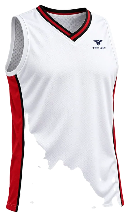 TECHZIC Pro Wrap-Neck Panel Basketball Jersey in White / Red / Black