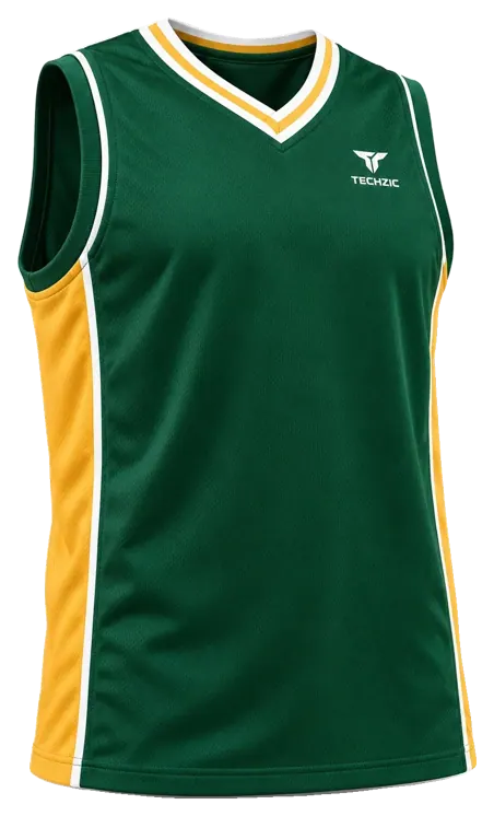 TECHZIC Pro Wrap-Neck Panel Basketball Jersey in Dark Green / Gold / White
