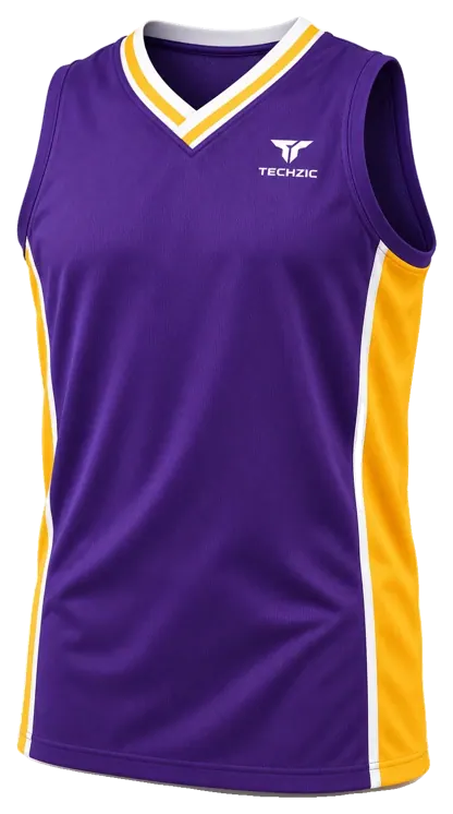 TECHZIC Pro Wrap-Neck Panel Basketball Jersey in Purple / Gold / White
