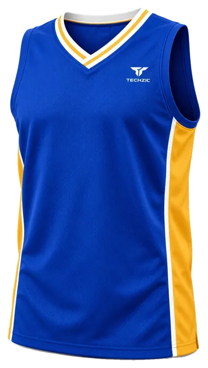 TECHZIC Pro Wrap-Neck Panel Basketball Jersey in Royal / Gold / White