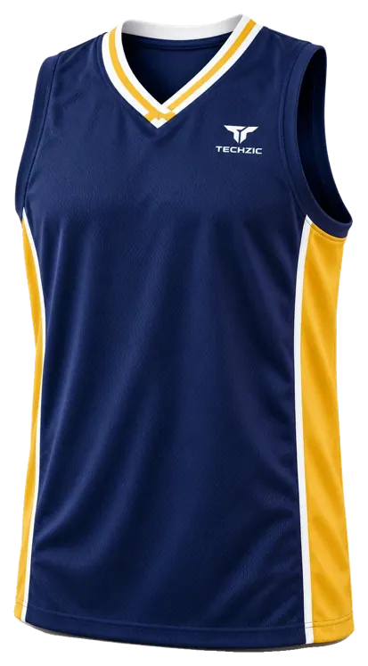 TECHZIC Pro Wrap-Neck Panel Basketball Jersey in Navy / Gold / White