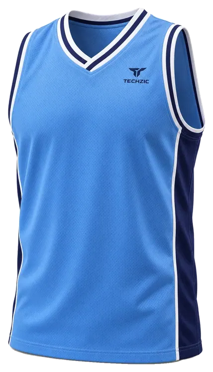 TECHZIC Pro Wrap-Neck Panel Basketball Jersey in Sky / Navy / White
