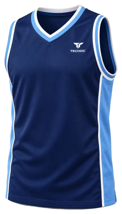 TECHZIC Pro Wrap-Neck Panel Basketball Jersey in Navy / Sky / White