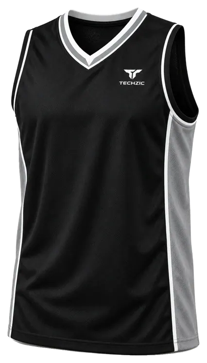 TECHZIC Pro Wrap-Neck Panel Basketball Jersey in Black / Grey / White