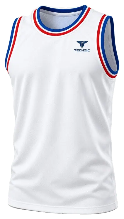 TECHZIC Pro Rib-Trim Basketball Jersey in White / Royal / Red