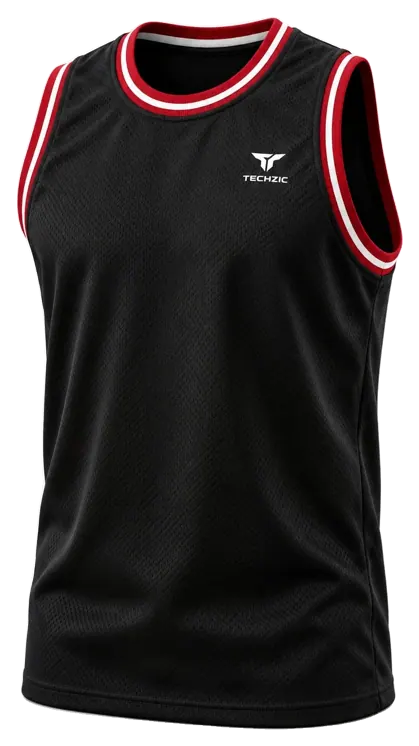 TECHZIC Pro Rib-Trim Basketball Jersey in Black / Red / White
