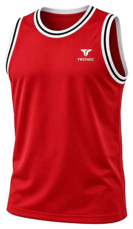 TECHZIC Pro Rib-Trim Basketball Jersey in Red / White / Black
