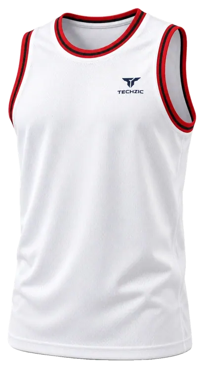 TECHZIC Pro Rib-Trim Basketball Jersey in White / Red / Black