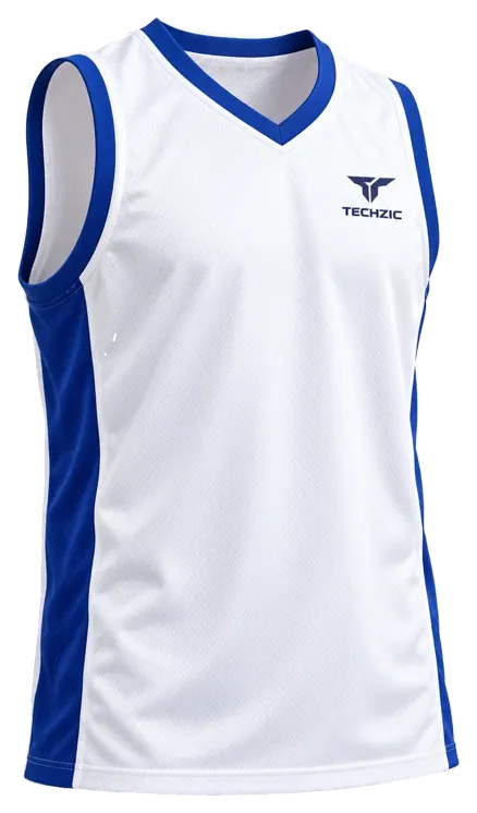 TECHZIC V-Neck Side-Panel Basketball Jersey in White / Royal