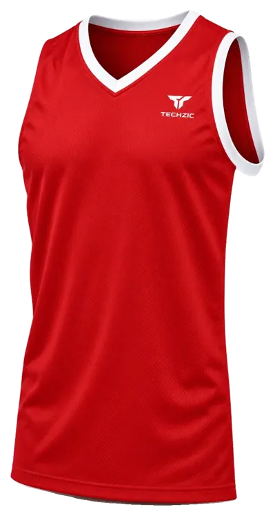 TECHZIC V-Neck Side-Panel Basketball Jersey in Red / White