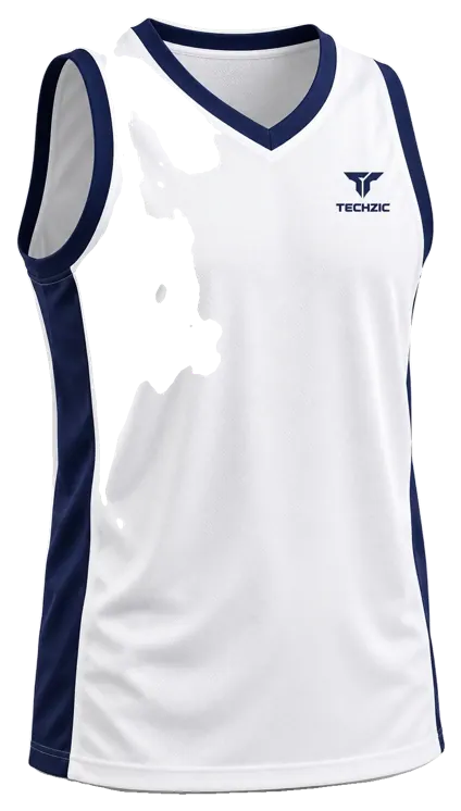 TECHZIC V-Neck Side-Panel Basketball Jersey in White / Navy