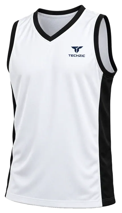 TECHZIC V-Neck Side-Panel Basketball Jersey in White / Black