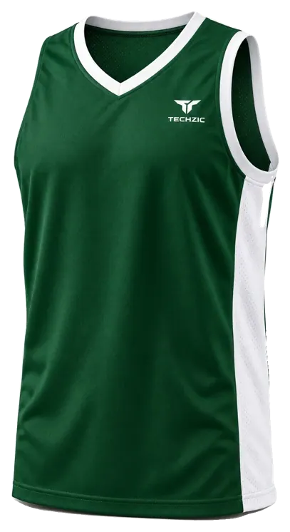 TECHZIC V-Neck Side-Panel Basketball Jersey in Dark Green / White