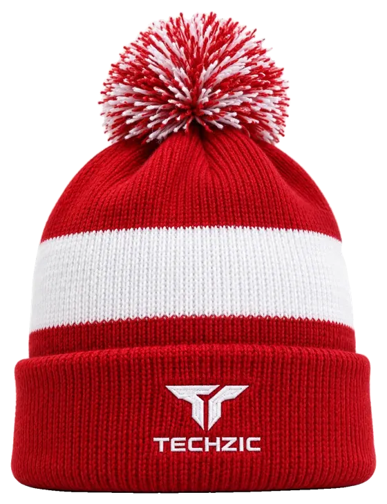 TECHZIC Pom-Pom Team Beanie in Red / White