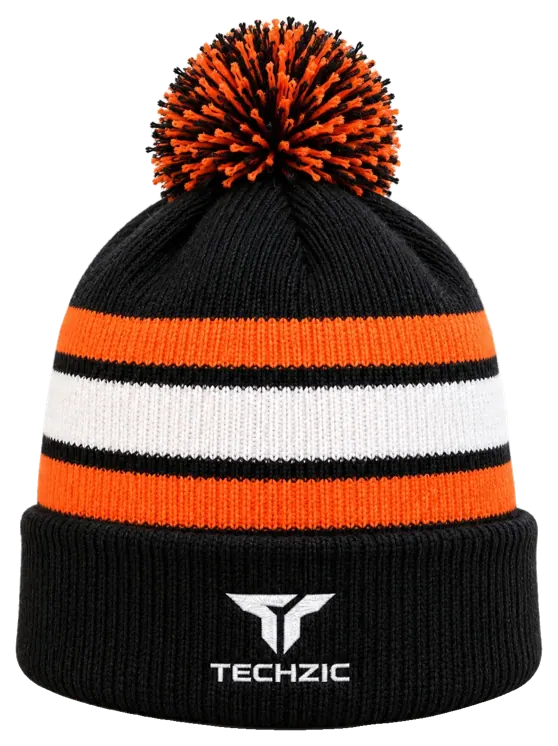 TECHZIC Pom-Pom Team Beanie in Black / Orange / White