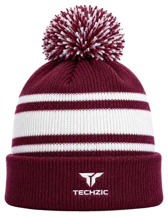 TECHZIC Pom-Pom Team Beanie in Maroon / White