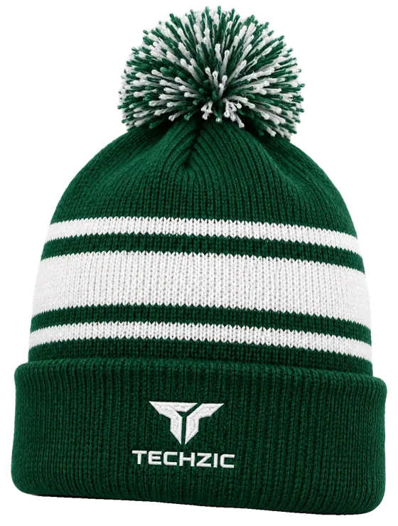 TECHZIC Pom-Pom Team Beanie in Dark Green / White