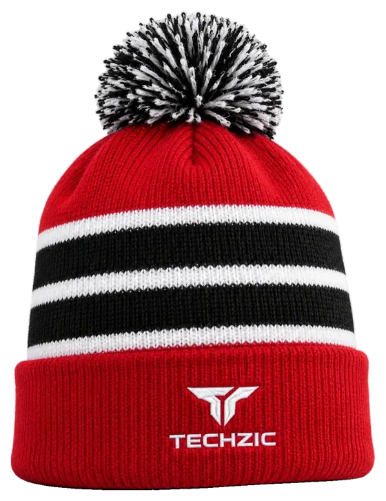 TECHZIC Pom-Pom Team Beanie in Red / Black / White - Twin Band